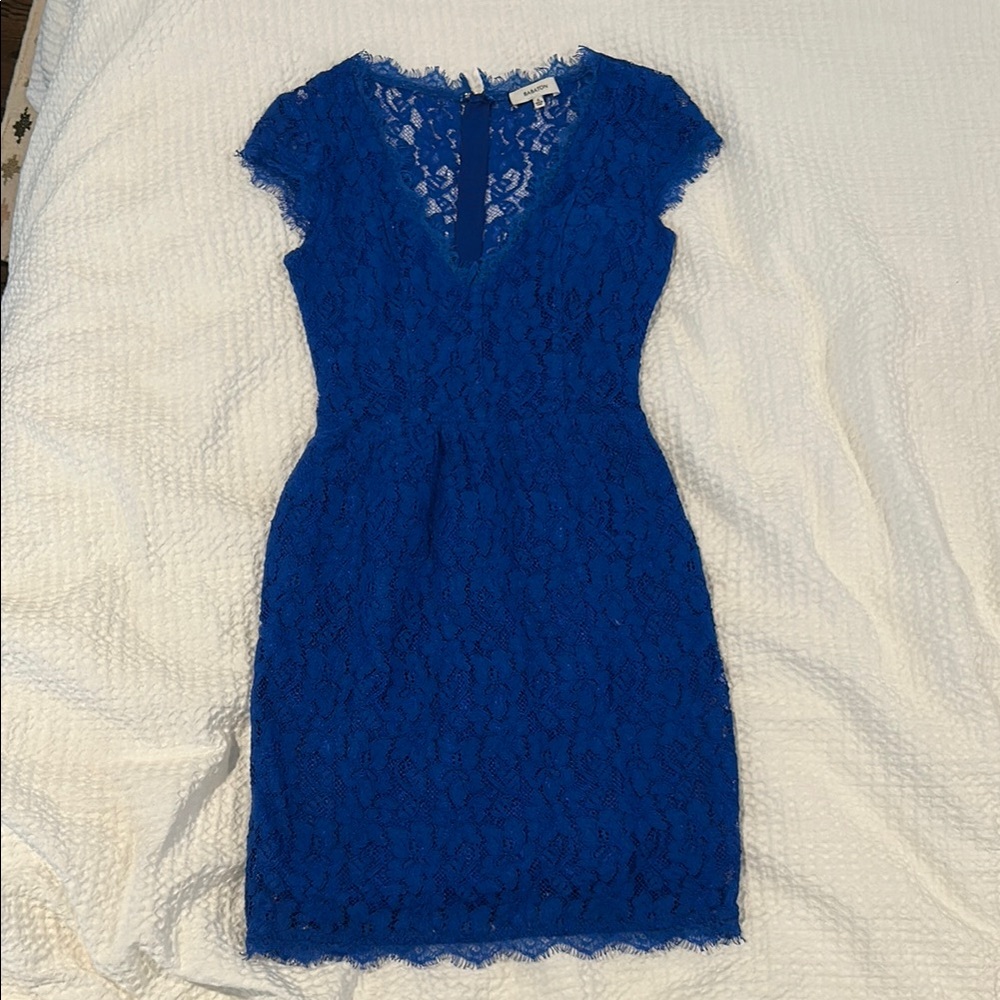 Babaton Blue Sheath Mini Dress with Flutter Cap Sleeves